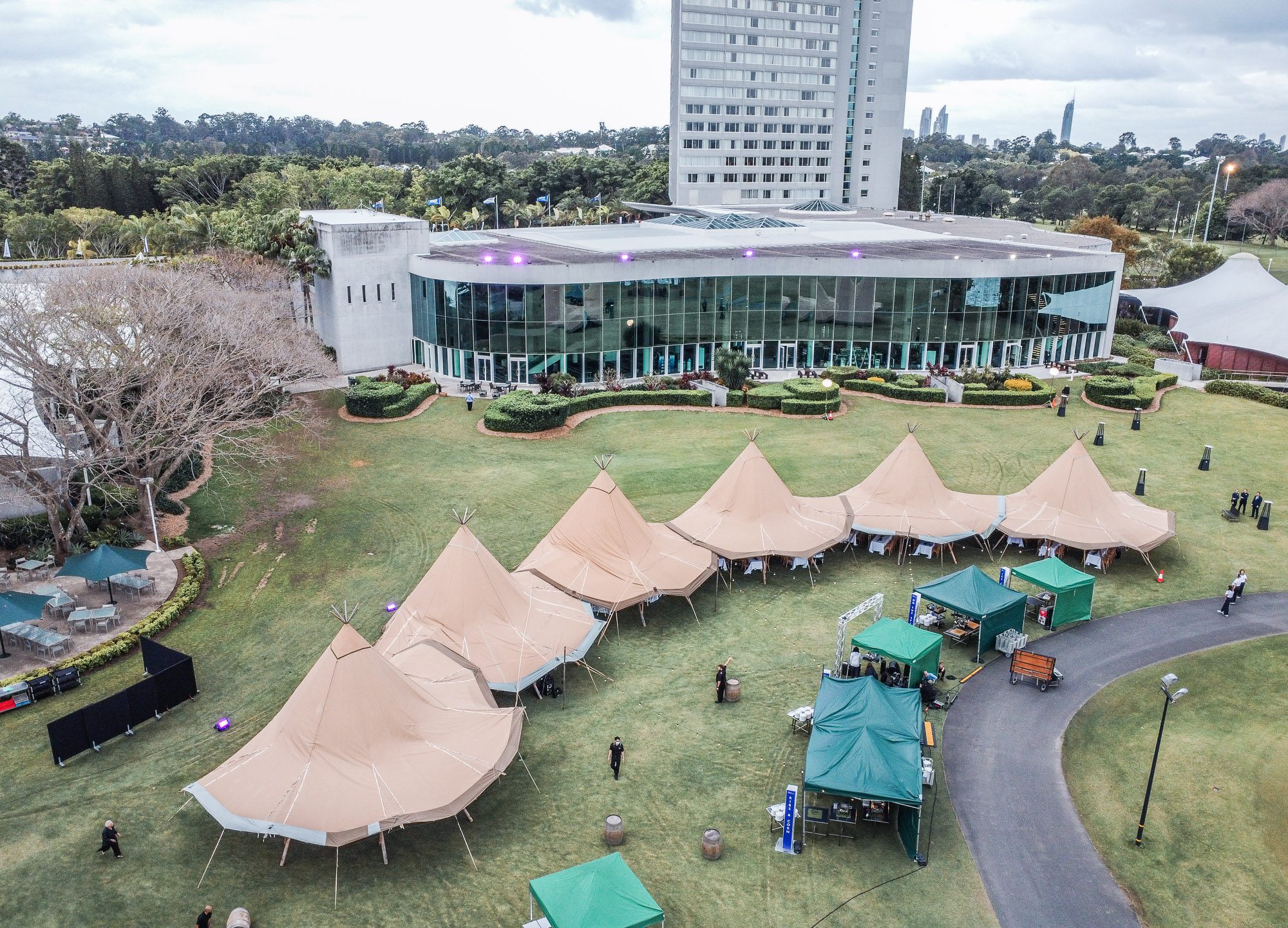 six tipis linked royal pines resort corporate event