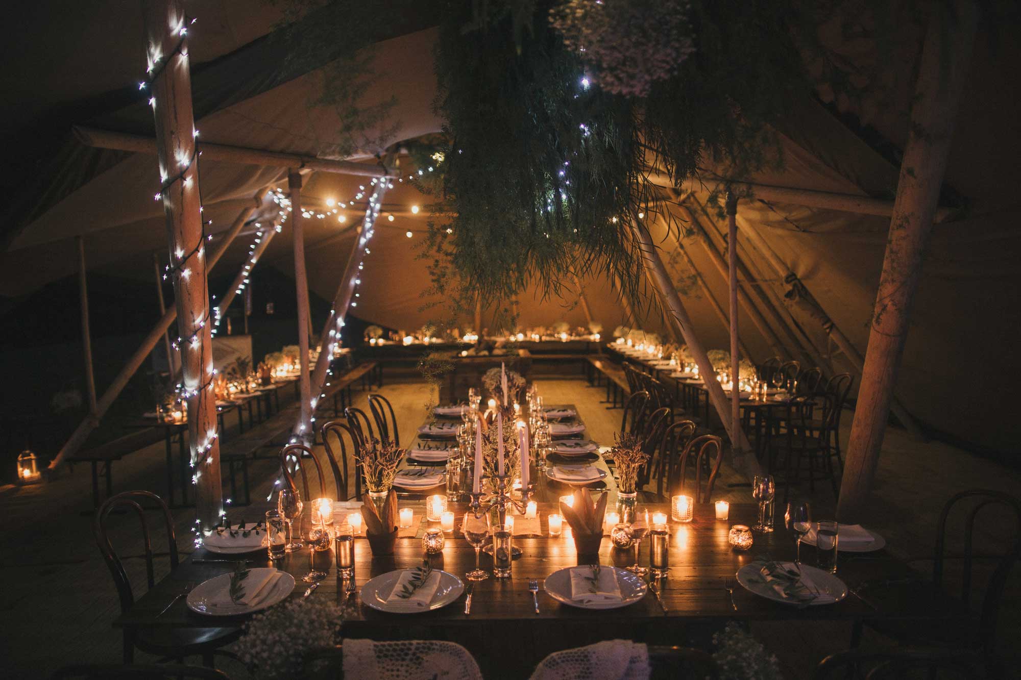 tipi, wedding, marquee hire, party, hinterland, outdoor wedding, tablescape, candles, fairy lights