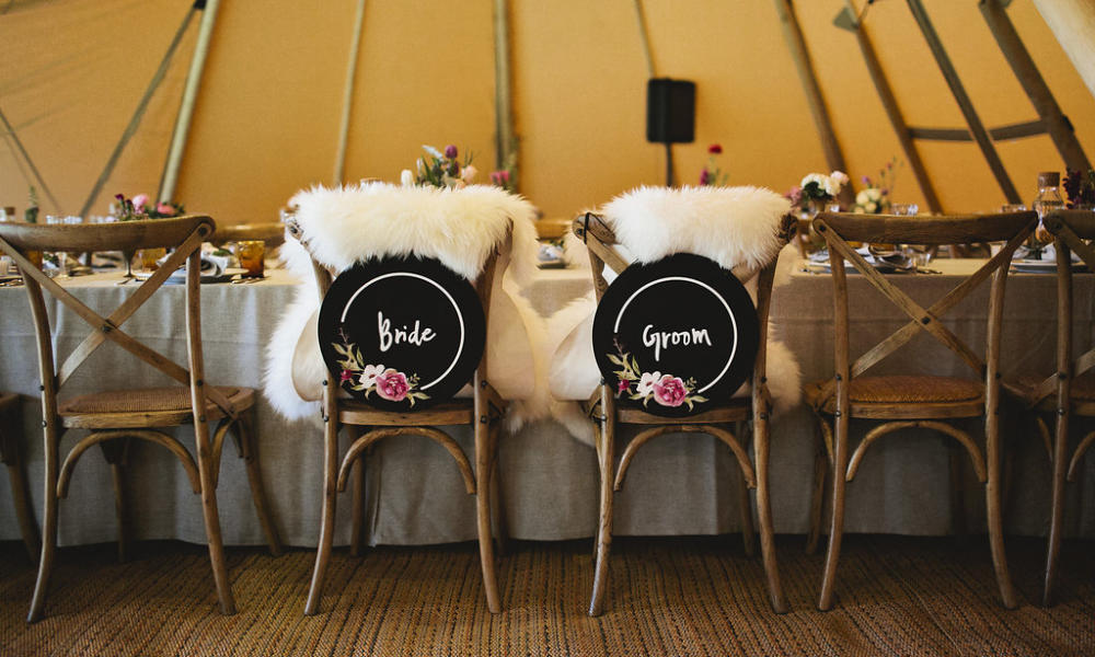 wedding, ceremony, tipi, teepee, marquee hire, seating, bride, groom, reception